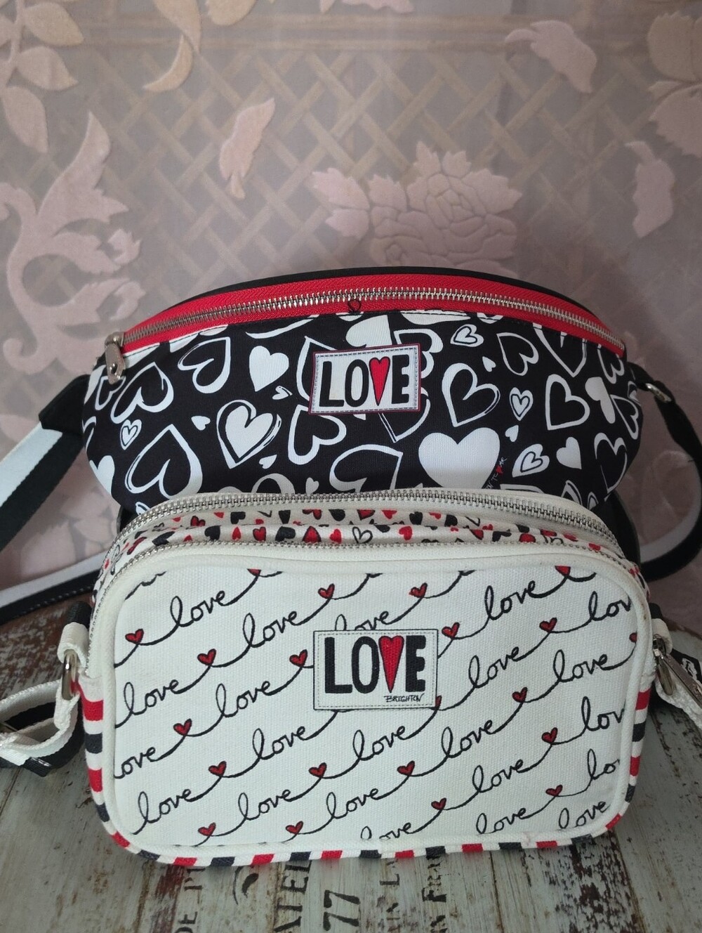 Brighton LOVE Heart-Print Double Crossbody in Black, White & Red